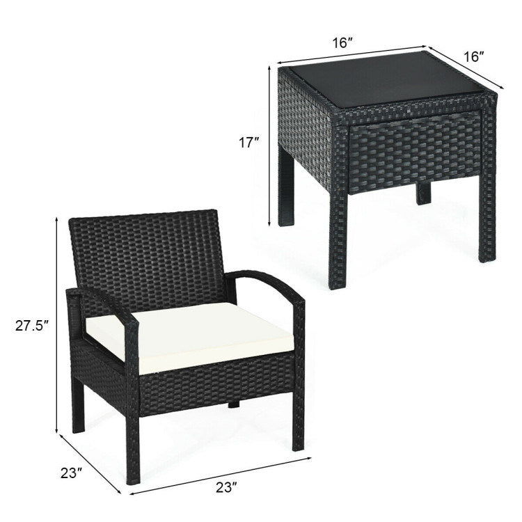 3 pieces outdoor rattan patio conversation set with seat cushions