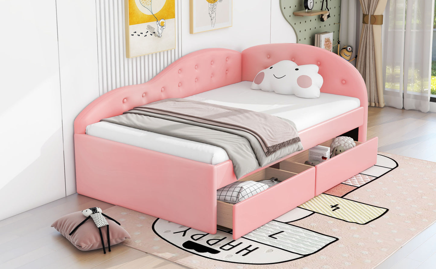 upholstered tufted bed with two drawers and cloud shaped guardrail, pink