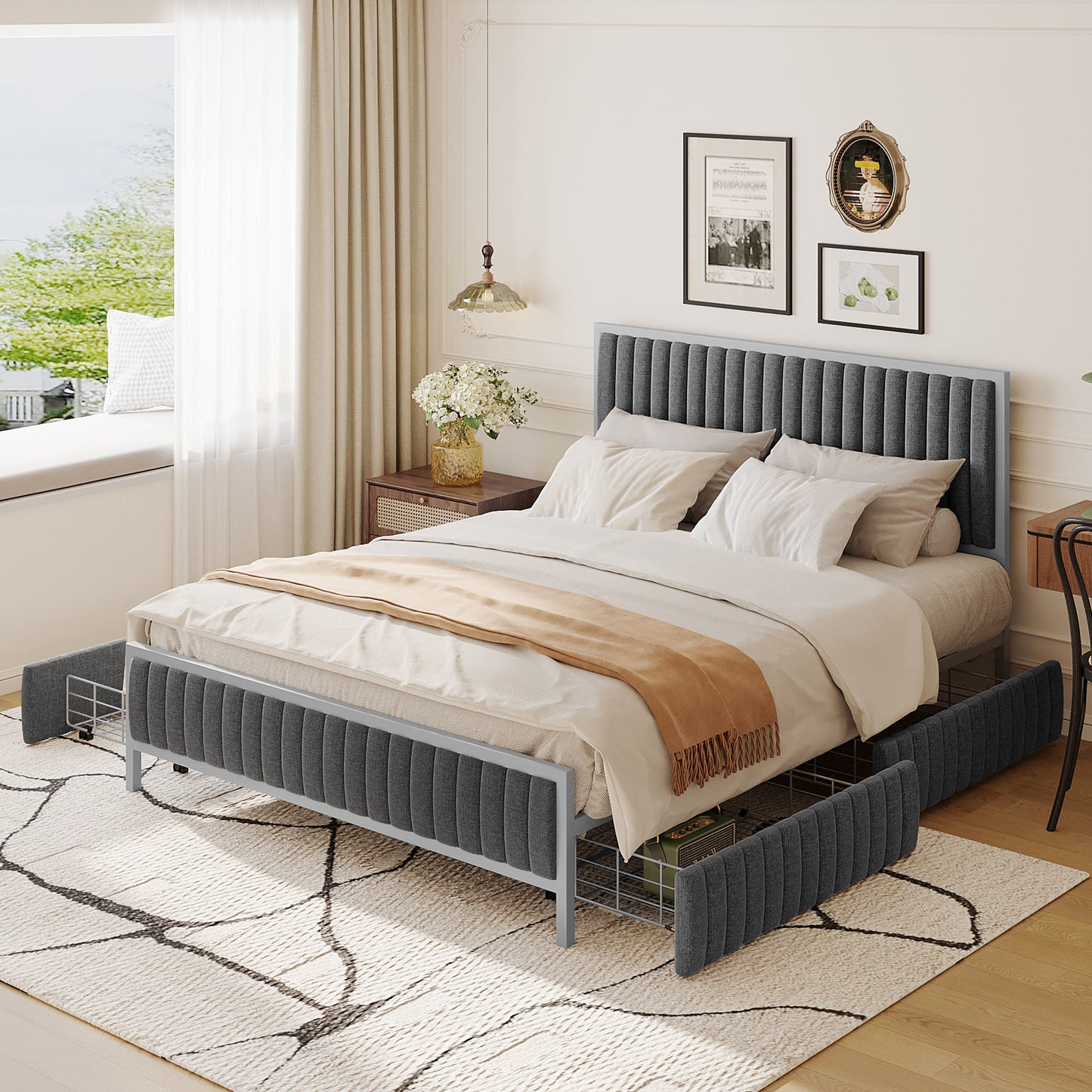 queen size metal frame upholstered bed with 4 drawers, linen fabric, gray