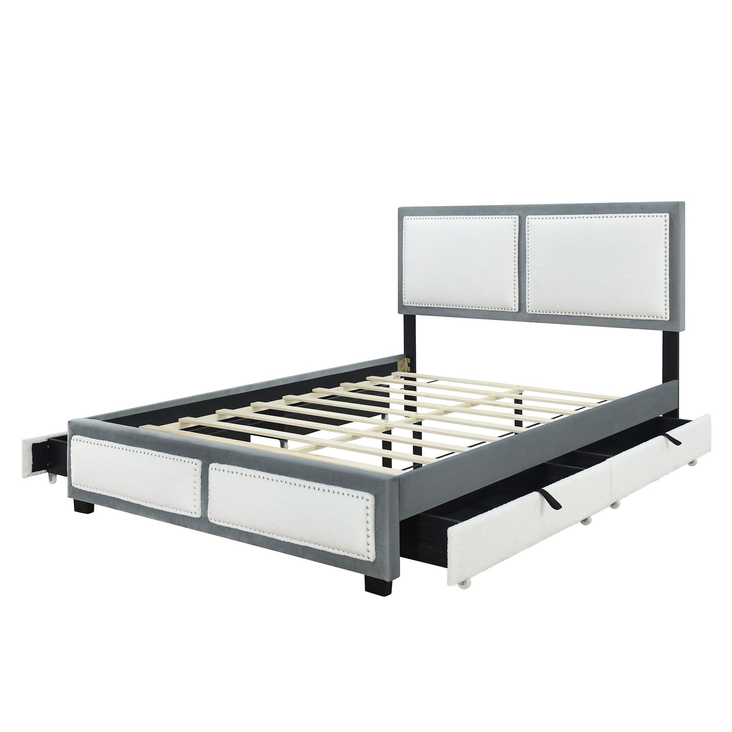 teddy upholstered platform bed with large rivet-decorated backrests and 4 drawers, velvet gray+white