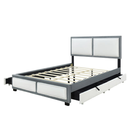 Teddy Upholstered Platform Bed with Large Rivet-decorated Backrests and 4 Drawers, Velvet Gray+White