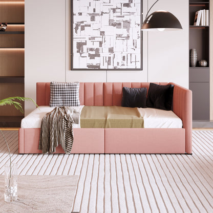 Upholstered Bed with 2 Storage Drawers, Pink