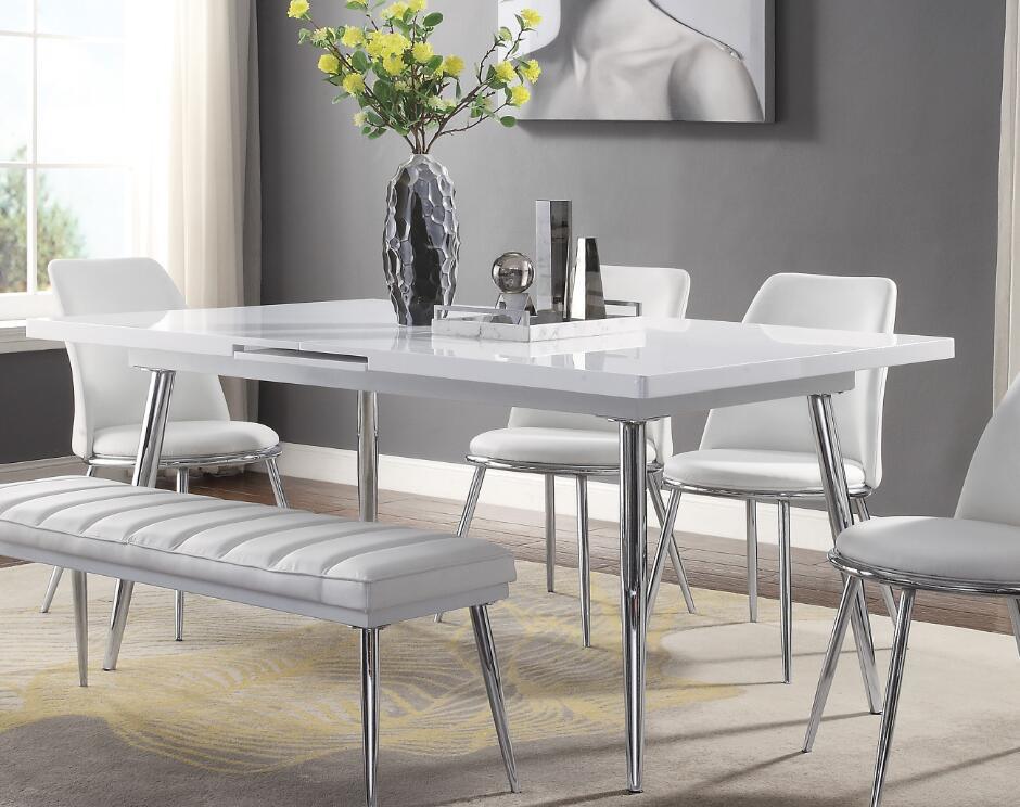 acme weizor dining table, white high gloss & chrome