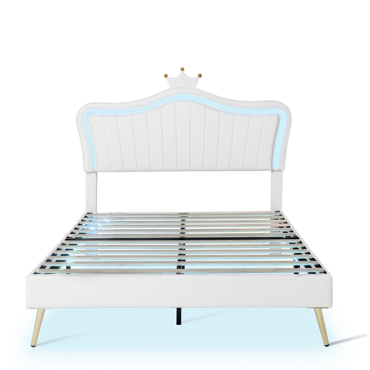 modern upholstered princess bed with crown headboard and led lights, white