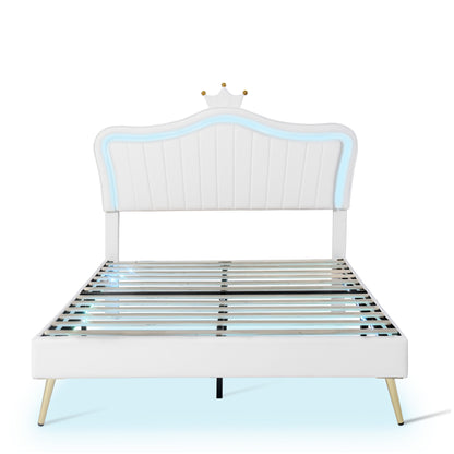 Modern Upholstered Princess Bed With Crown Headboard and LED Lights, White