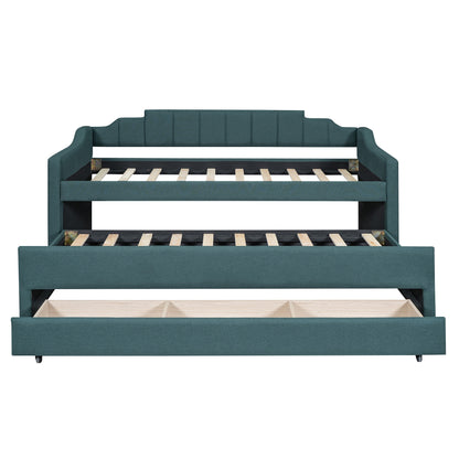 Eli Upholstered Daybed with Trundle and Three Drawers, Green