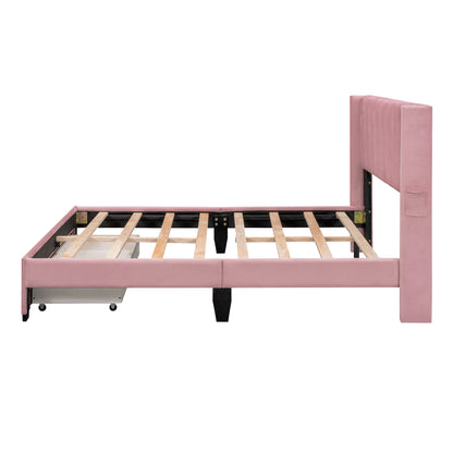 Velvet Upholstered Platform Bed with a Big Drawer - Pink