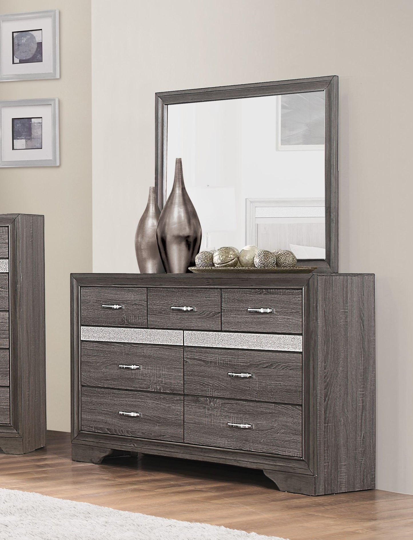 unique style bedroom 1pc dresser of drawers hidden drawers gray and sliver glitter wooden furniture