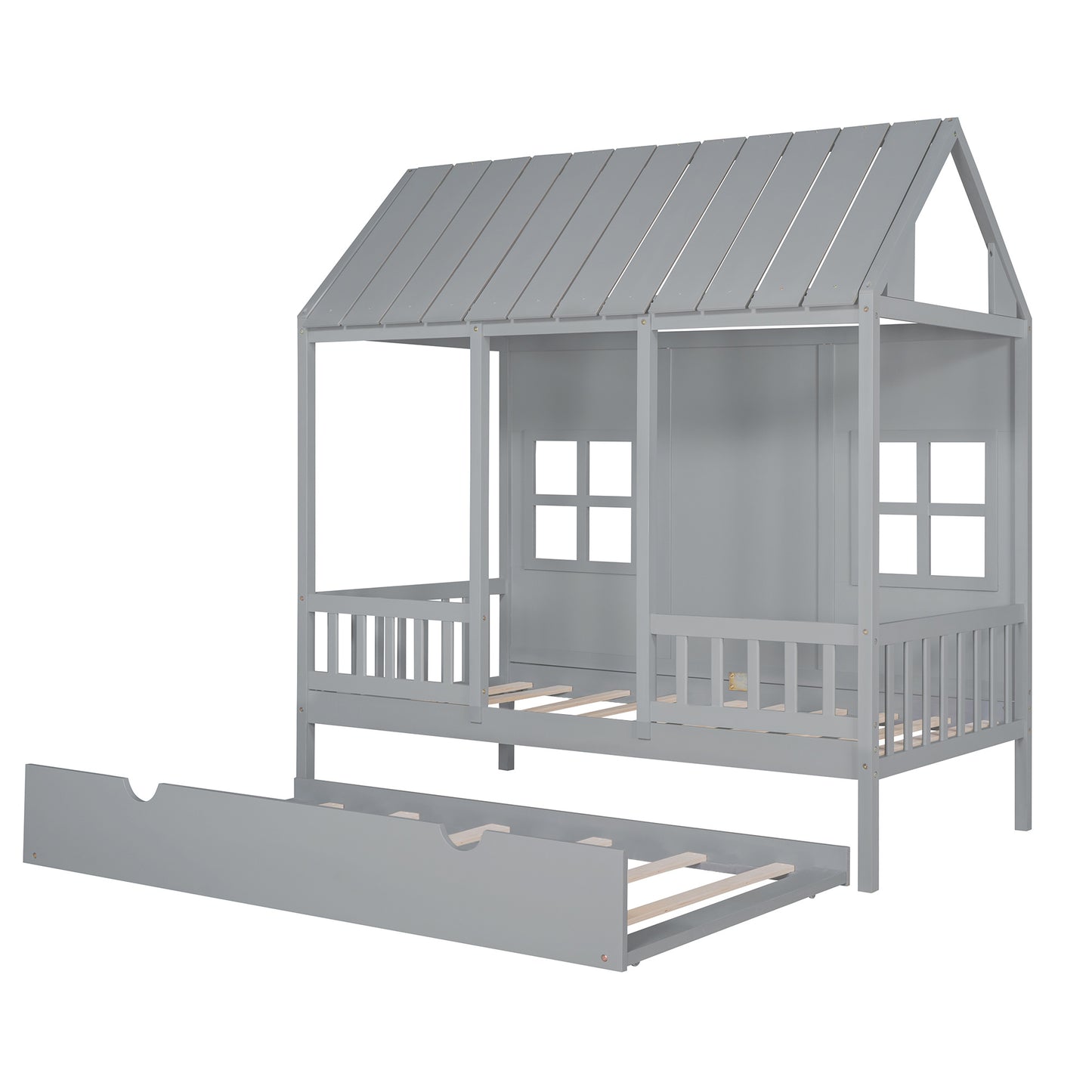 wood house bed with twin size trundle, gray