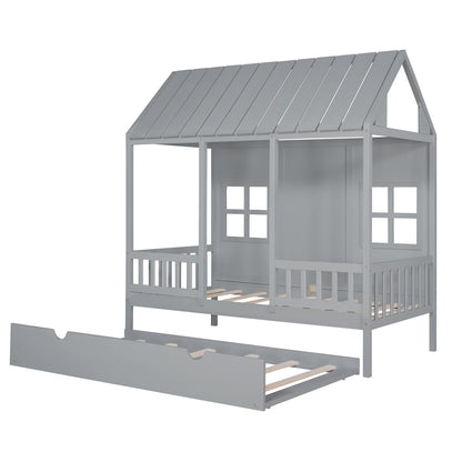 Wood House Bed With Twin Size Trundle, Gray