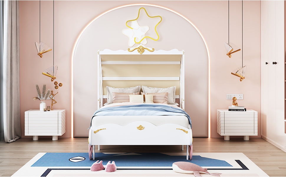 princess carriage bed with canopy, white+pink+gold