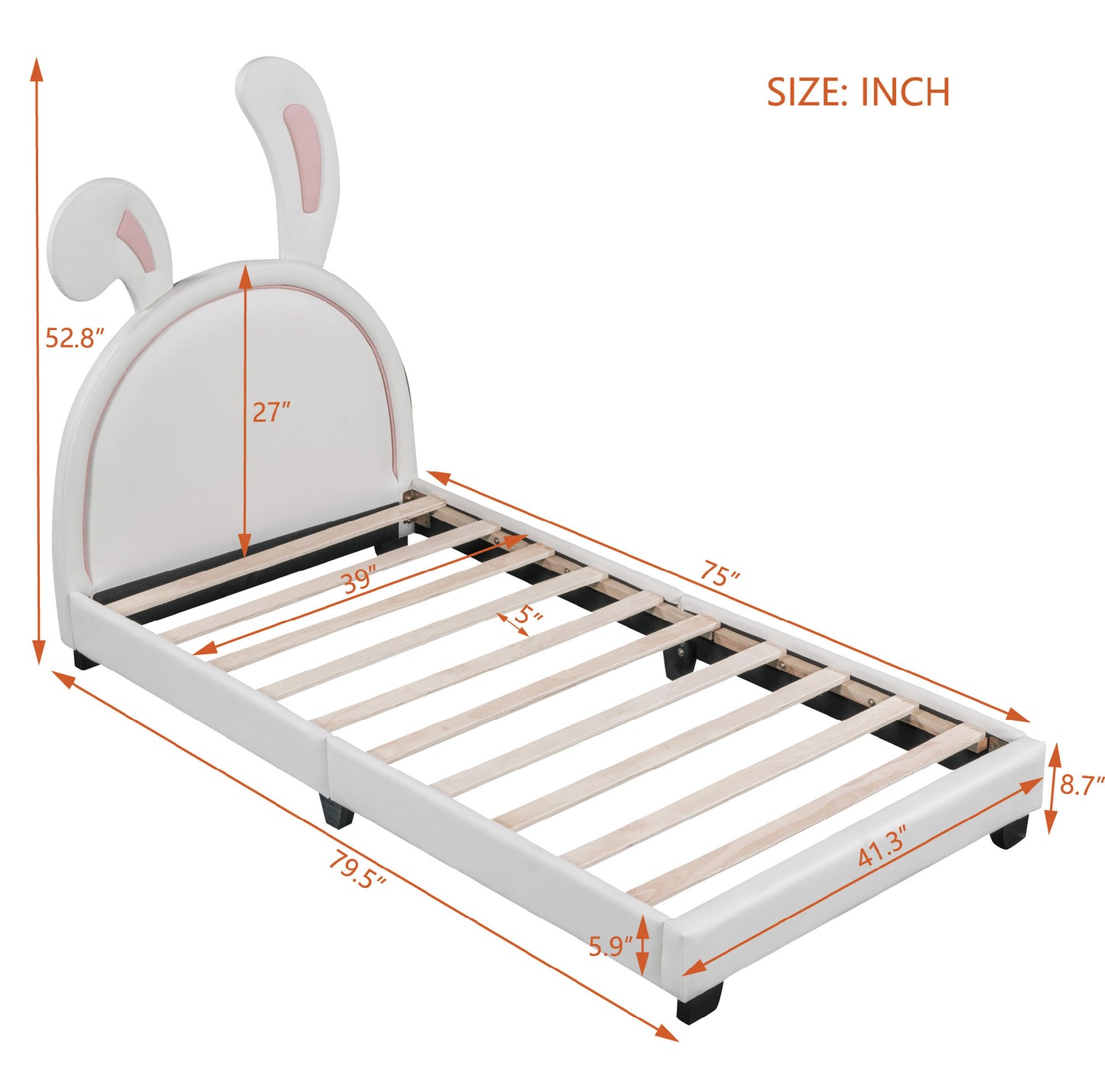 twin size upholstered leather platform bed with rabbit ornament, white