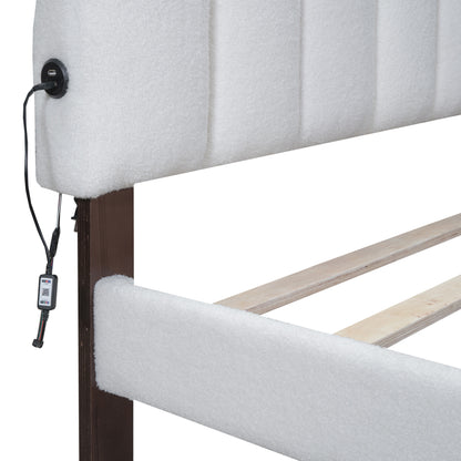Teddy Fleece Upholstered Platform Bed with Drawer, White