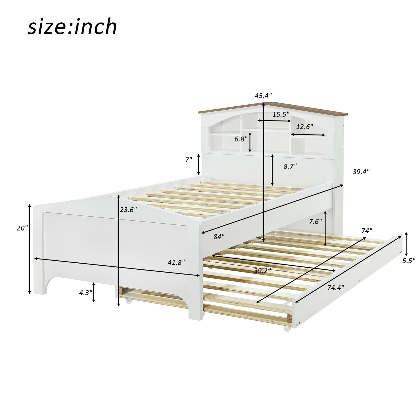 house-shaped bed with storage headboard and trundle, white