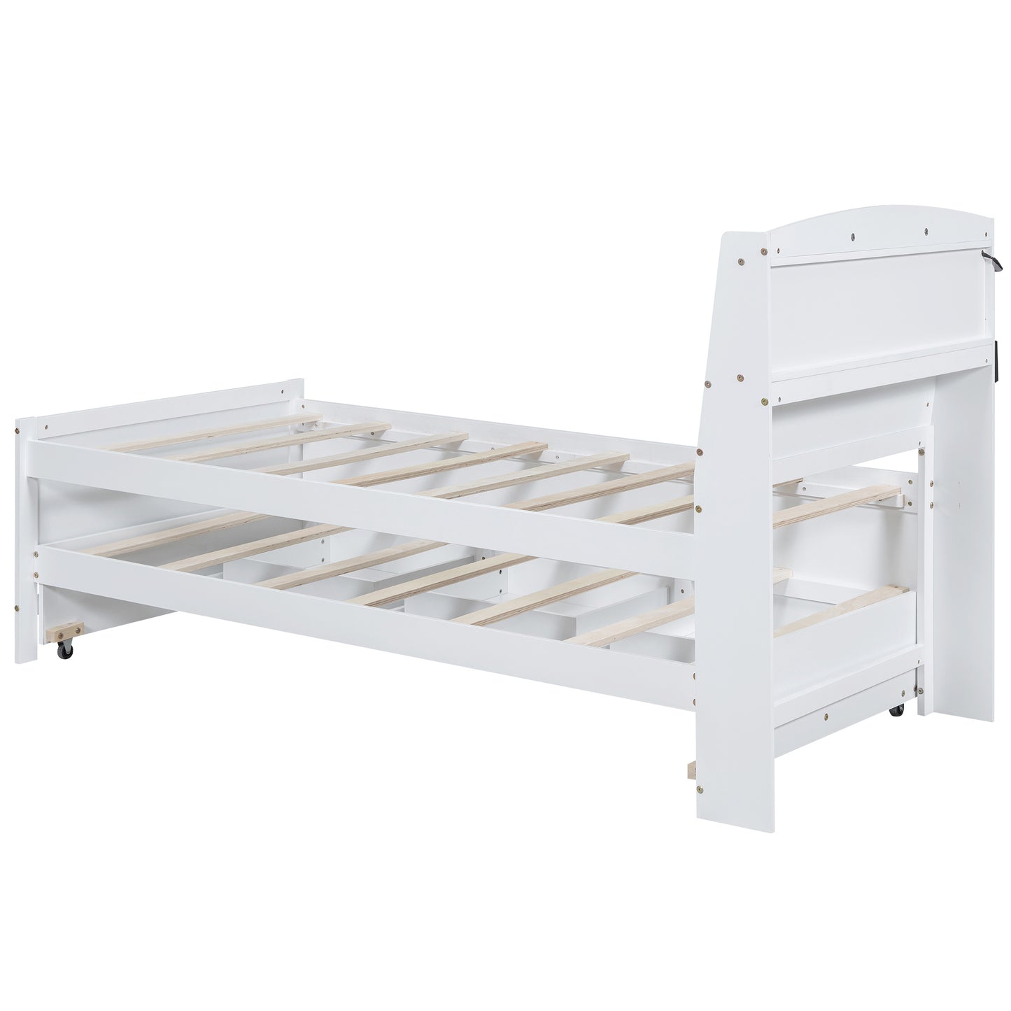 platform bed with storage led headboard, twin size trundle and 3 drawers, white