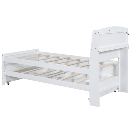 Platform Bed with Storage LED Headboard, Twin Size Trundle and 3 Drawers, White