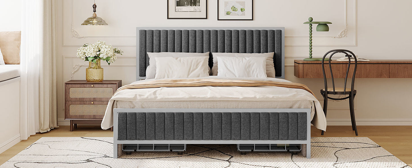 queen size metal frame upholstered bed with 4 drawers, linen fabric, gray