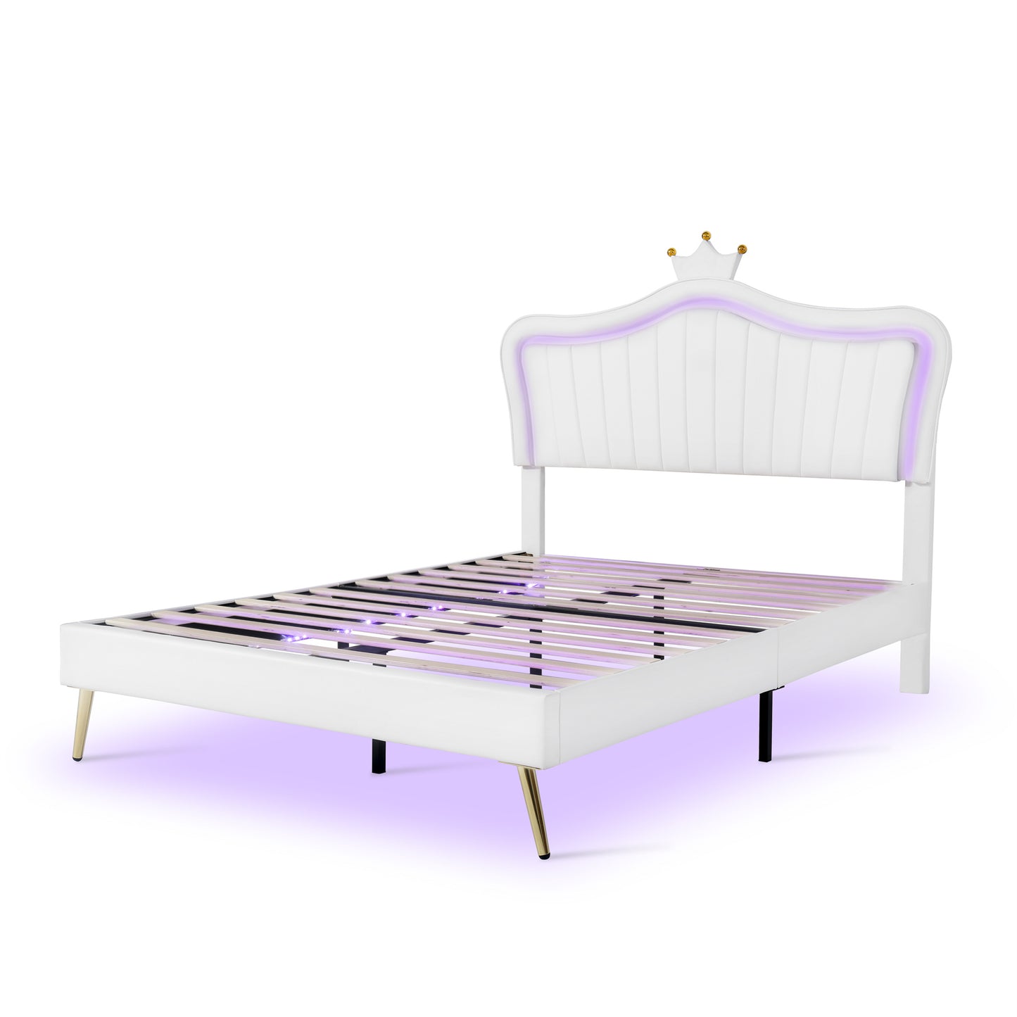 modern upholstered princess bed with crown headboard and led lights, white