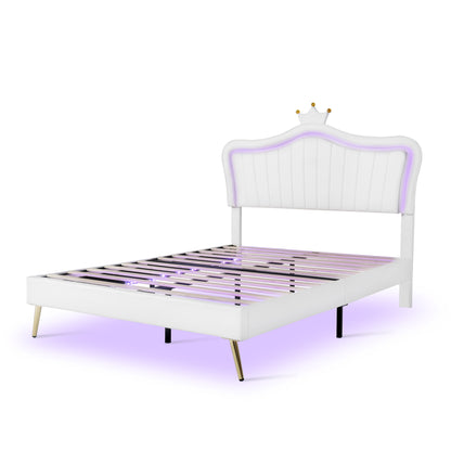 Modern Upholstered Princess Bed With Crown Headboard and LED Lights, White