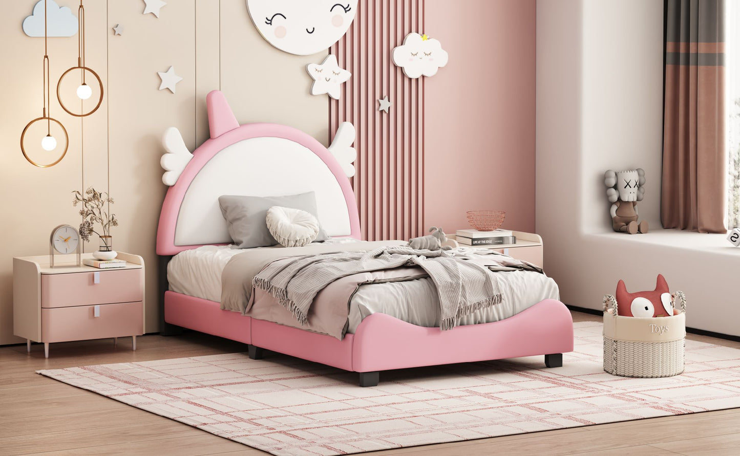 cute upholstered bed with unicorn shape headboard, white+pink