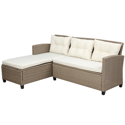 4 Piece Wicker Ratten Sectional Sofa Set with Seat Cushions, Beige Brown