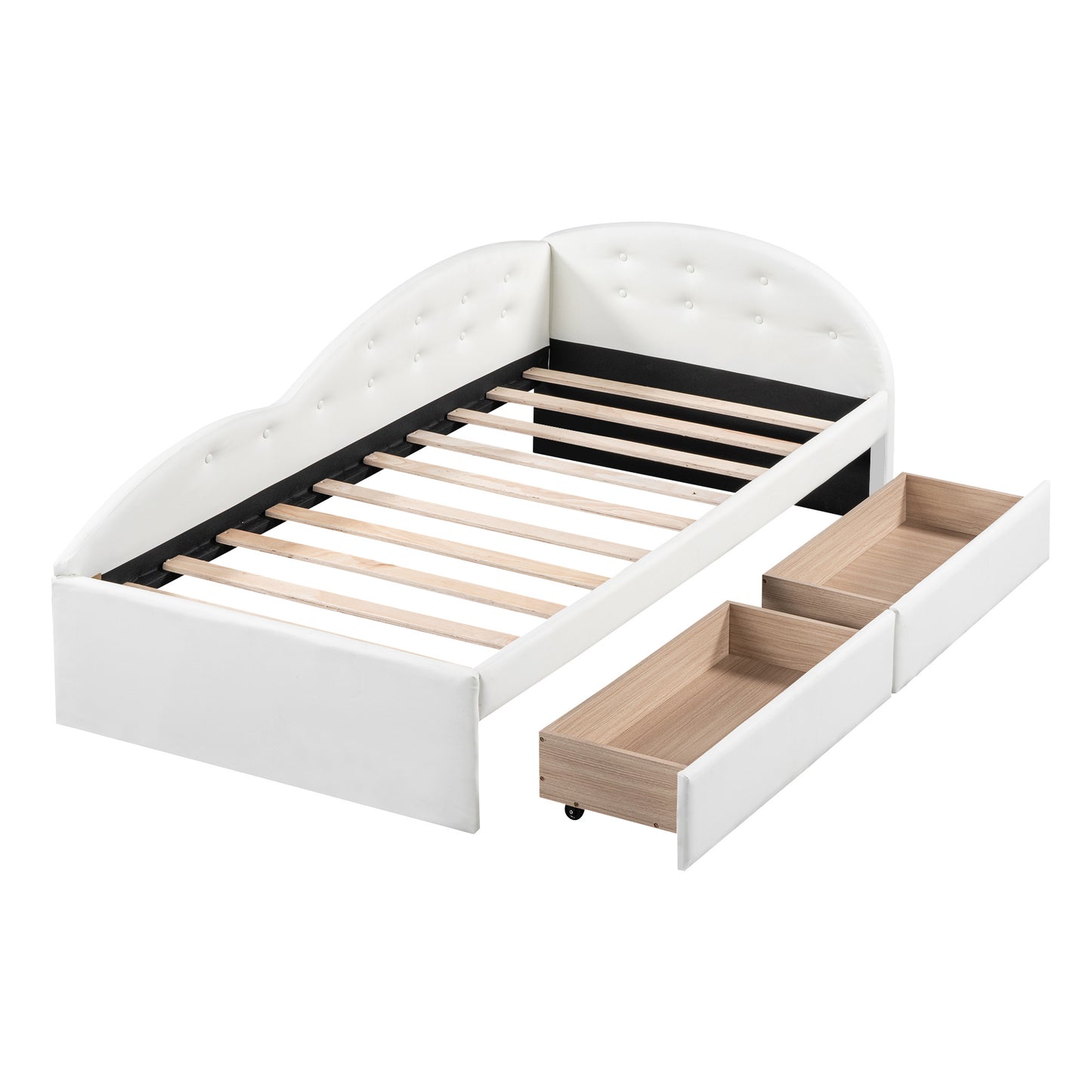 upholstered tufted bed with two drawers and cloud shaped guardrail, white