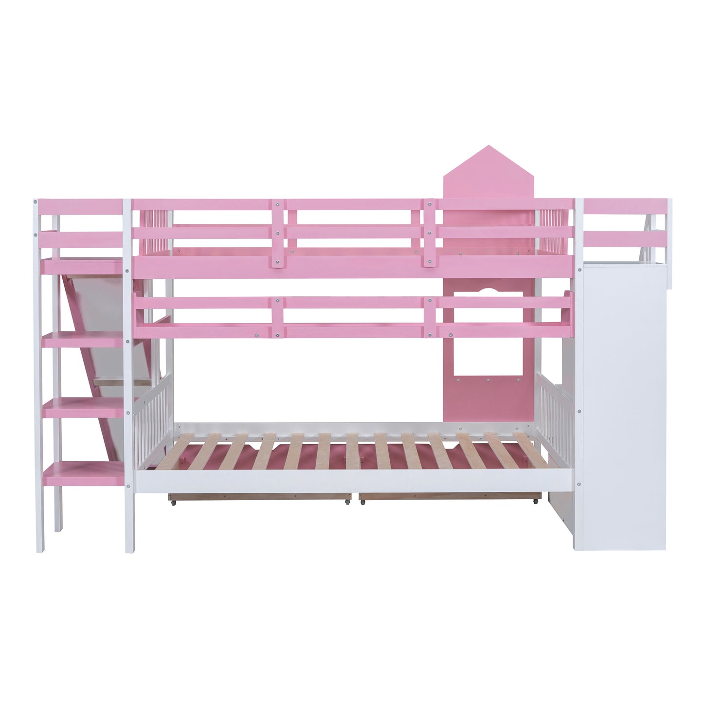 full-over-full castle style bunk bed with 2 drawers 3 shelves and slide - pink