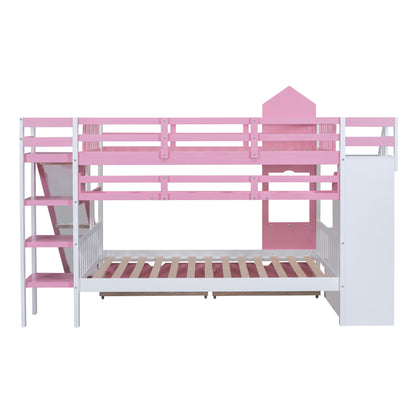 Full-Over-Full Castle Style Bunk Bed with 2 Drawers 3 Shelves and Slide - Pink