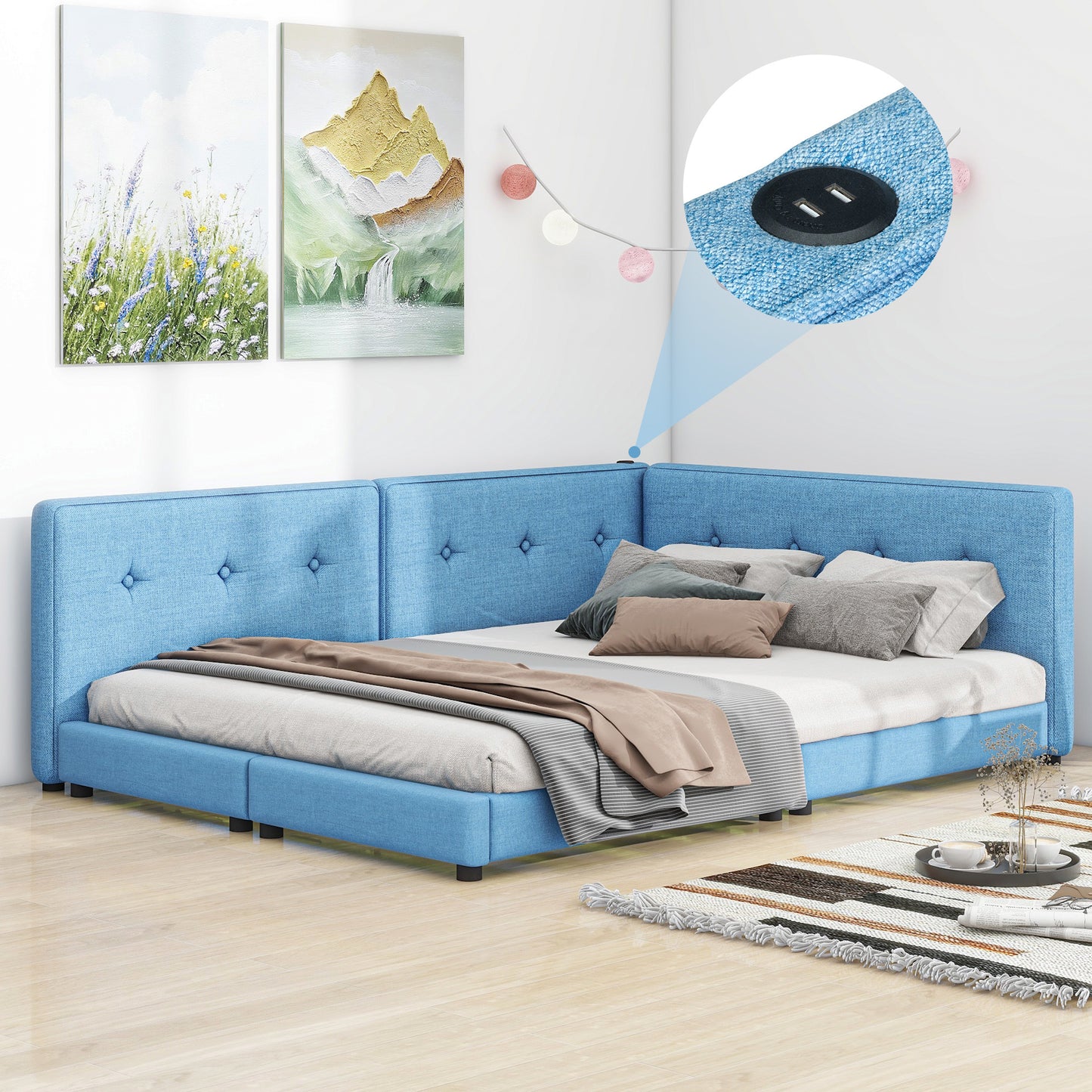 upholstered queen size platform bed with usb ports, blue