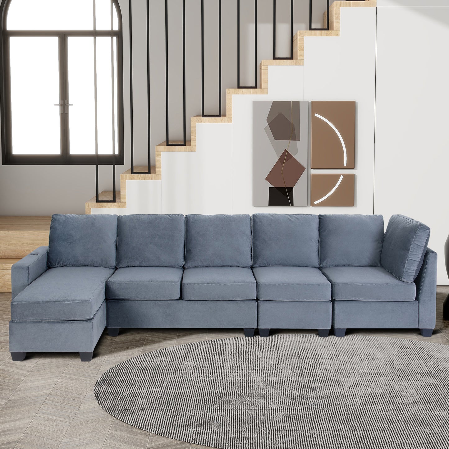 modern l shape sectional sofa with usb charging port, grey