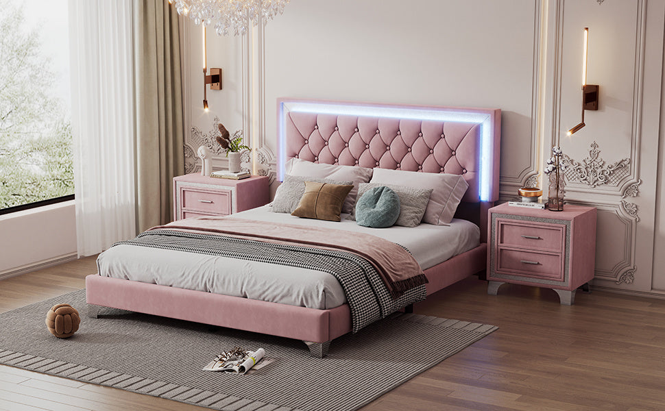 upholstered velvet bed frame with led lights, pink